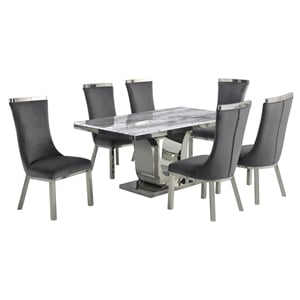 White Marble 7pc Dining Set with Silver Stainless Steel and 6 Chairs
