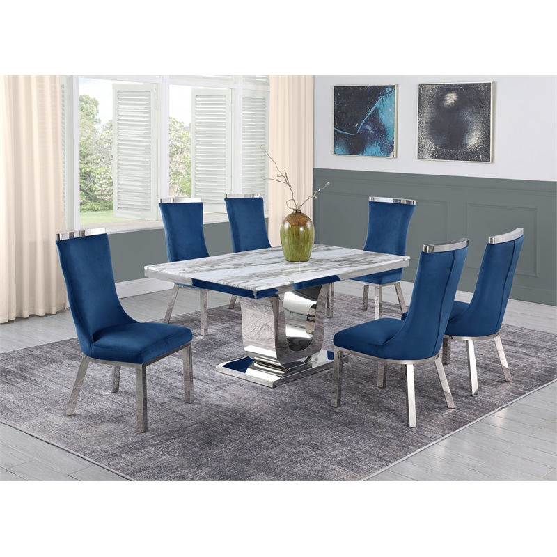 White Marble 7pc Dining Set with Silver Stainless Steel and 6 Chairs