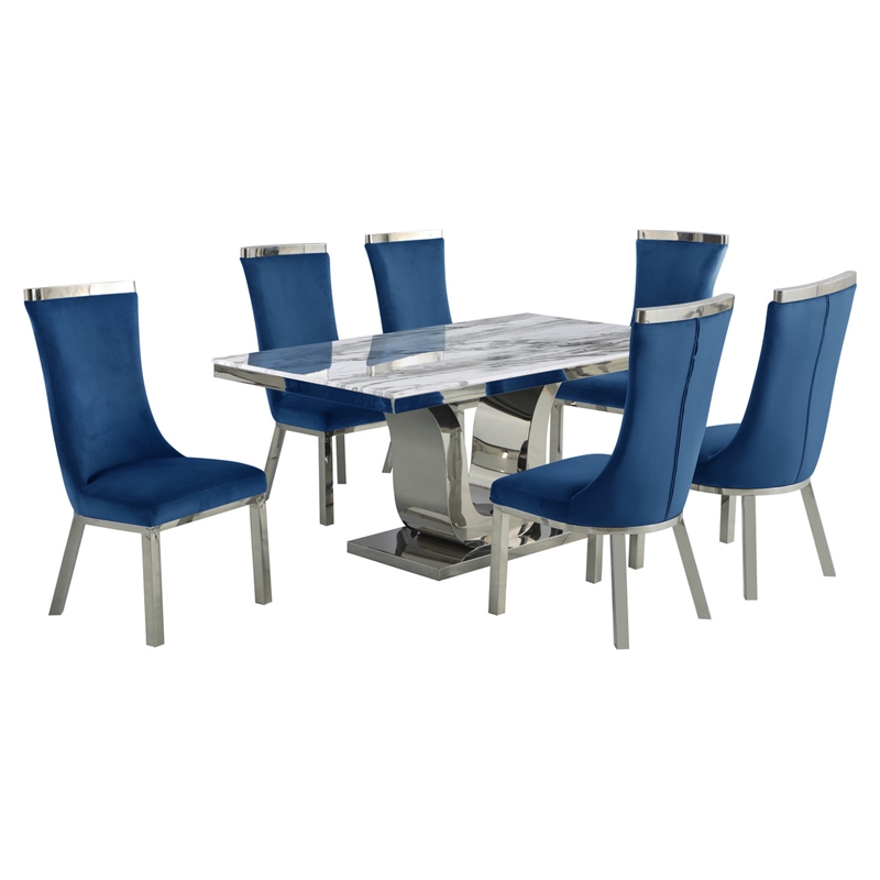 White Marble 7pc Dining Set with Silver Stainless Steel and 6 Chairs