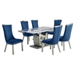 White Marble 7pc Dining Set with Silver Stainless Steel and 6 Chairs