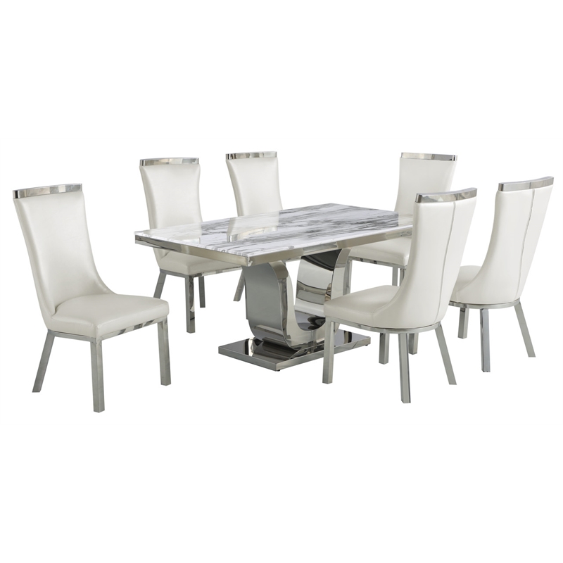 White Marble 7pc Dining Set with Silver Stainless Steel and 6 Chairs