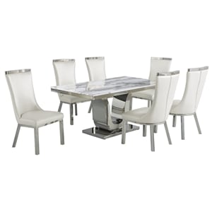 White Marble 7pc Dining Set with Silver Stainless Steel and 6 Chairs
