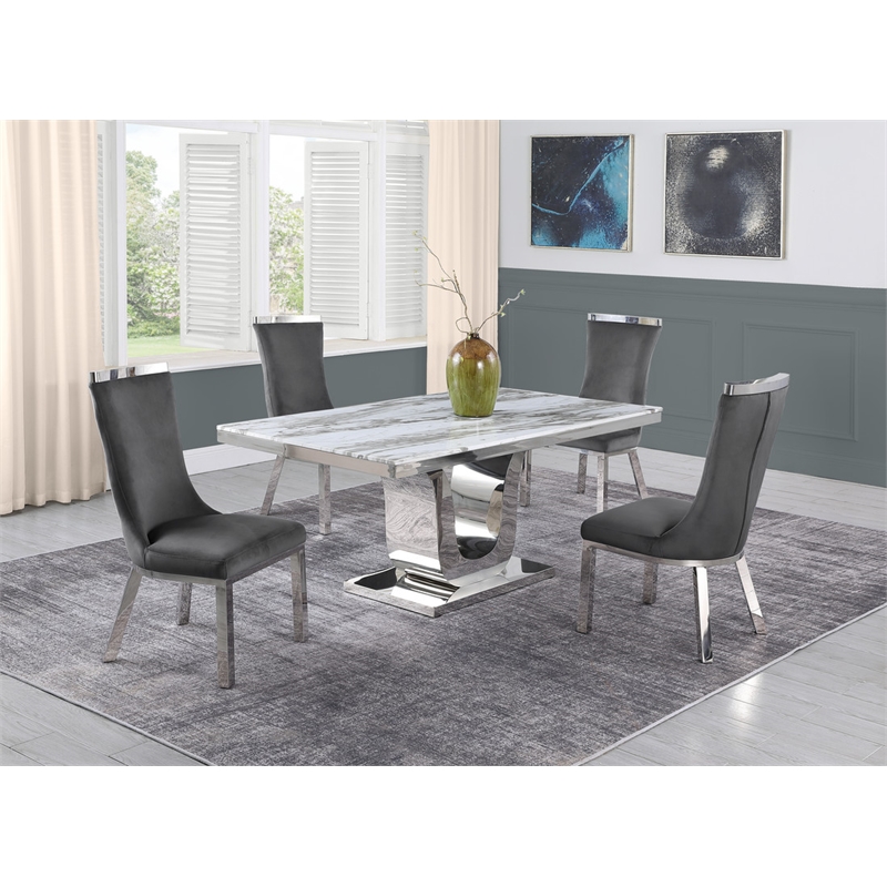 White Marble 5pc Dining Set with Silver Stainless Steel and 4 Chairs