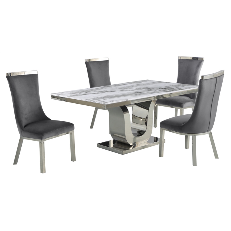 White Marble 5pc Dining Set with Silver Stainless Steel and 4 Chairs