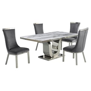White Marble 5pc Dining Set with Silver Stainless Steel and 4 Chairs