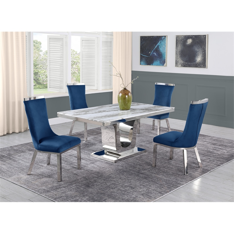 White Marble 5pc Dining Set with Silver Stainless Steel and 4 Chairs