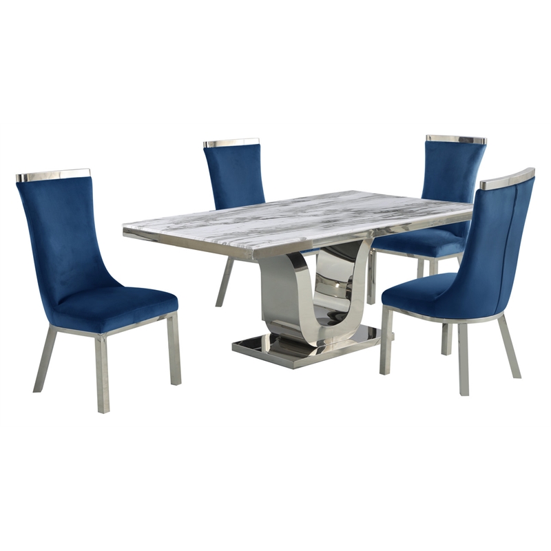 White Marble 5pc Dining Set with Silver Stainless Steel and 4 Chairs