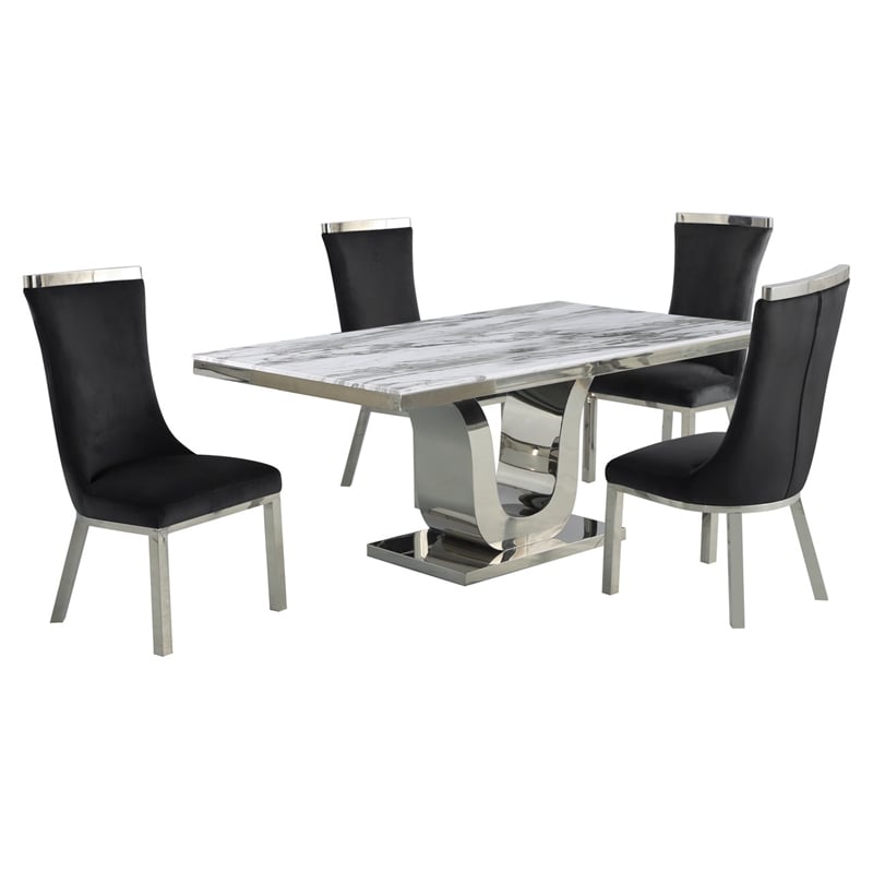 White Marble 5pc Dining Set with Silver Stainless Steel and 4 Chairs