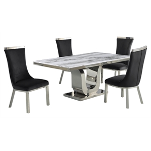 White Marble 5pc Dining Set with Silver Stainless Steel and 4 Chairs