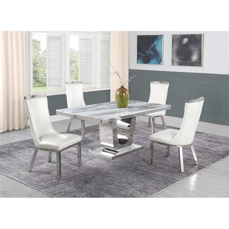 White Marble 5pc Dining Set with Silver Stainless Steel and 4 Chairs