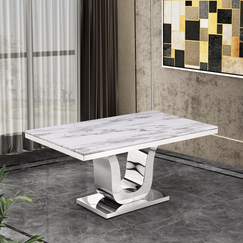 White Marble 5pc Dining Set with Silver Stainless Steel and 4 Chairs