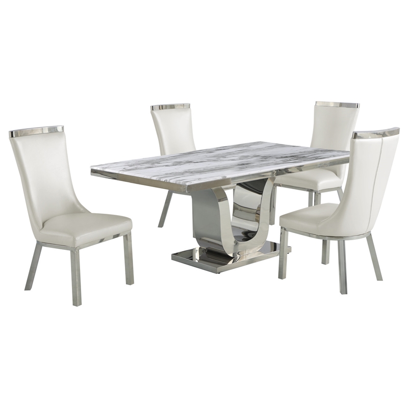White Marble 5pc Dining Set with Silver Stainless Steel and 4 Chairs