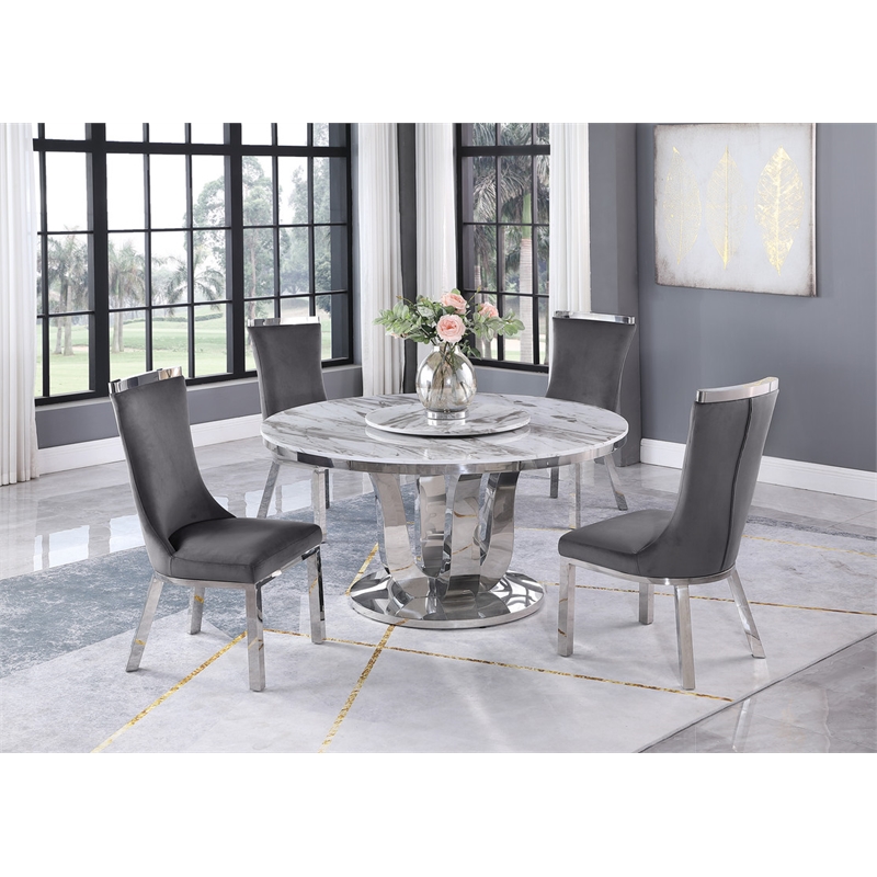 Round White Marble 5pc Dining Set with Silver Stainless Steel and 4 Chairs