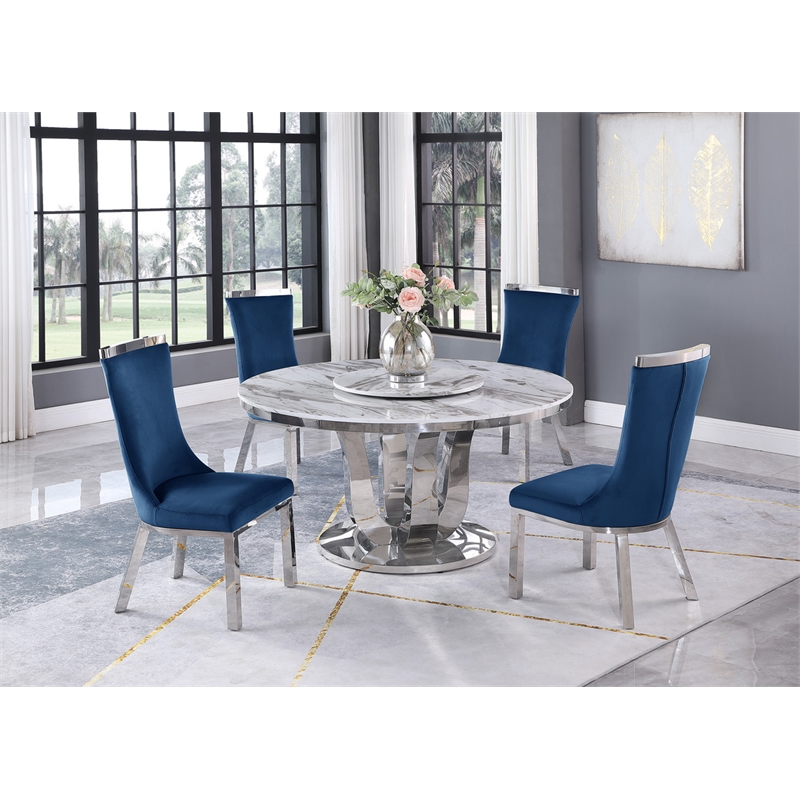 Round White Marble 5pc Dining Set with Silver Stainless Steel and 4 Chairs