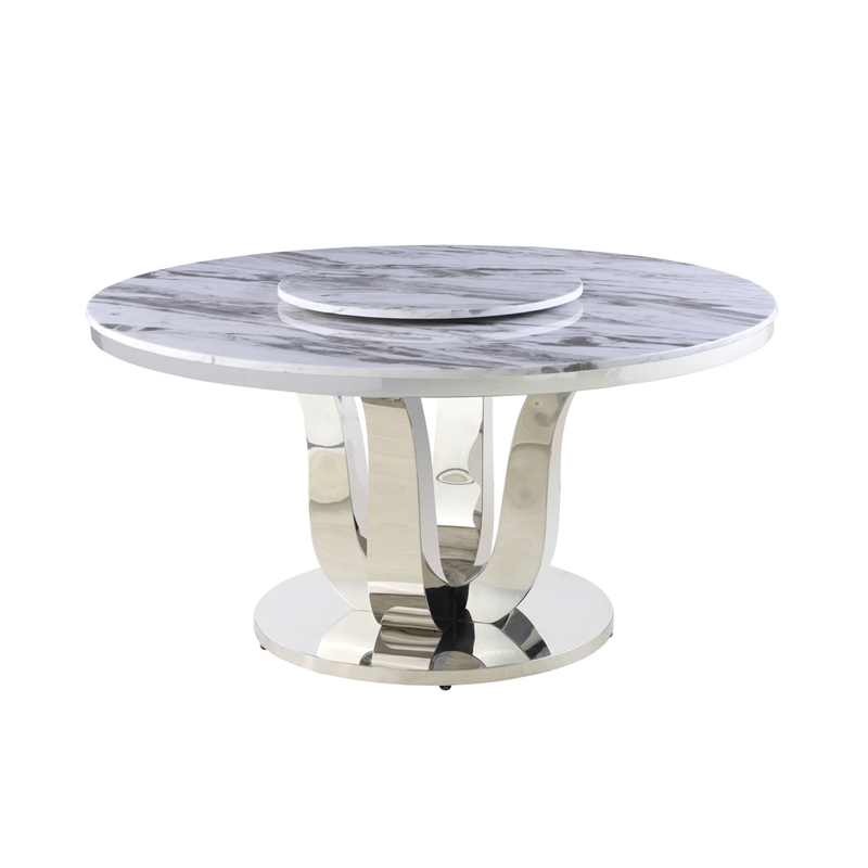 Round White Marble 5pc Dining Set with Silver Stainless Steel and 4 Chairs