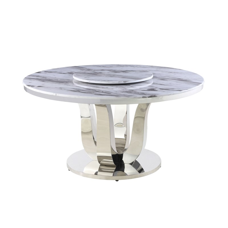 Round White Marble 5pc Dining Set with Silver Stainless Steel and 4 Chairs