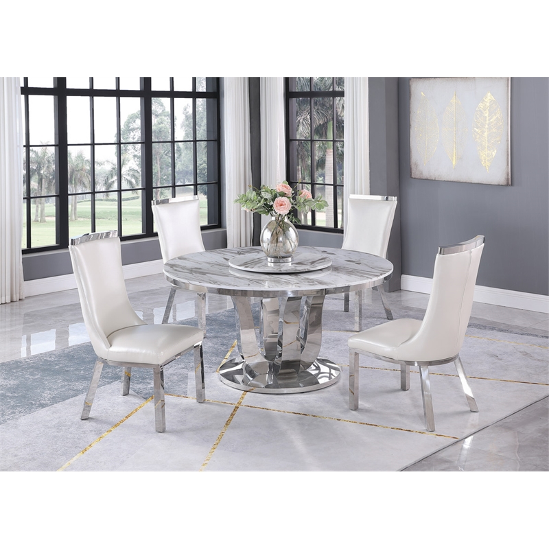 Round White Marble 5pc Dining Set with Silver Stainless Steel and 4 Chairs