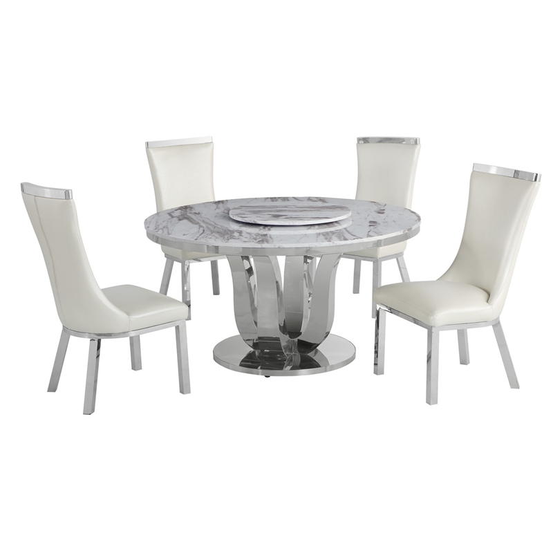 Round White Marble 5pc Dining Set with Silver Stainless Steel and 4 Chairs