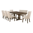 7pc Walnut Wood Dining Set with Extendable Table + Beige Linen Chairs + Bench