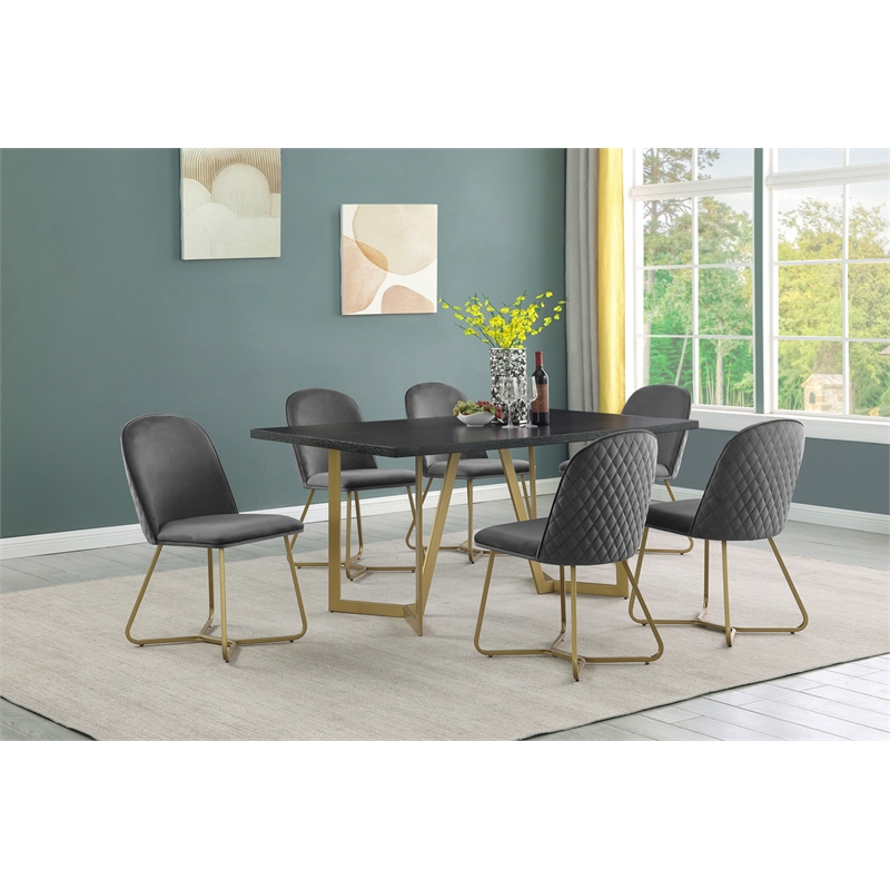 7pc Black Wood Top Dining Set with Gray Velvet Chairs and Gold Base