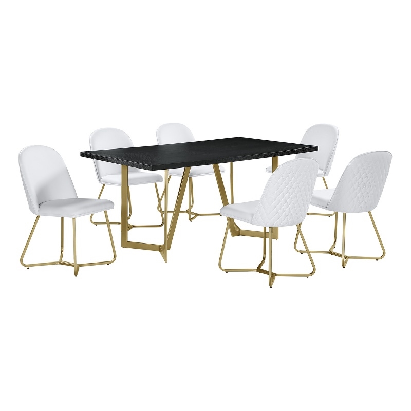 7pc Black Wood Top Dining Set with White Faux Leather Chairs and Gold Base