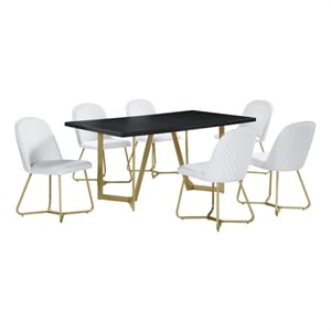 7pc Black Wood Top Dining Set with White Faux Leather Chairs and Gold Base