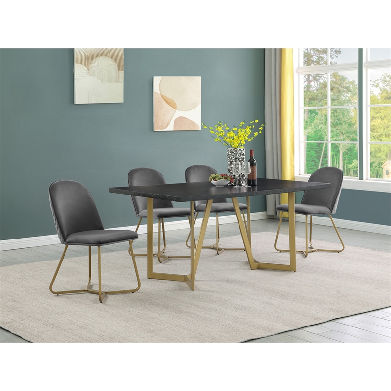 5pc Black Wood Top Dining Set with Gray Velvet Chairs and Gold Base