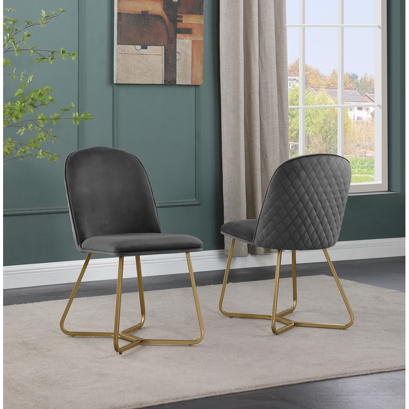 5pc Black Wood Top Dining Set with Gray Velvet Chairs and Gold Base