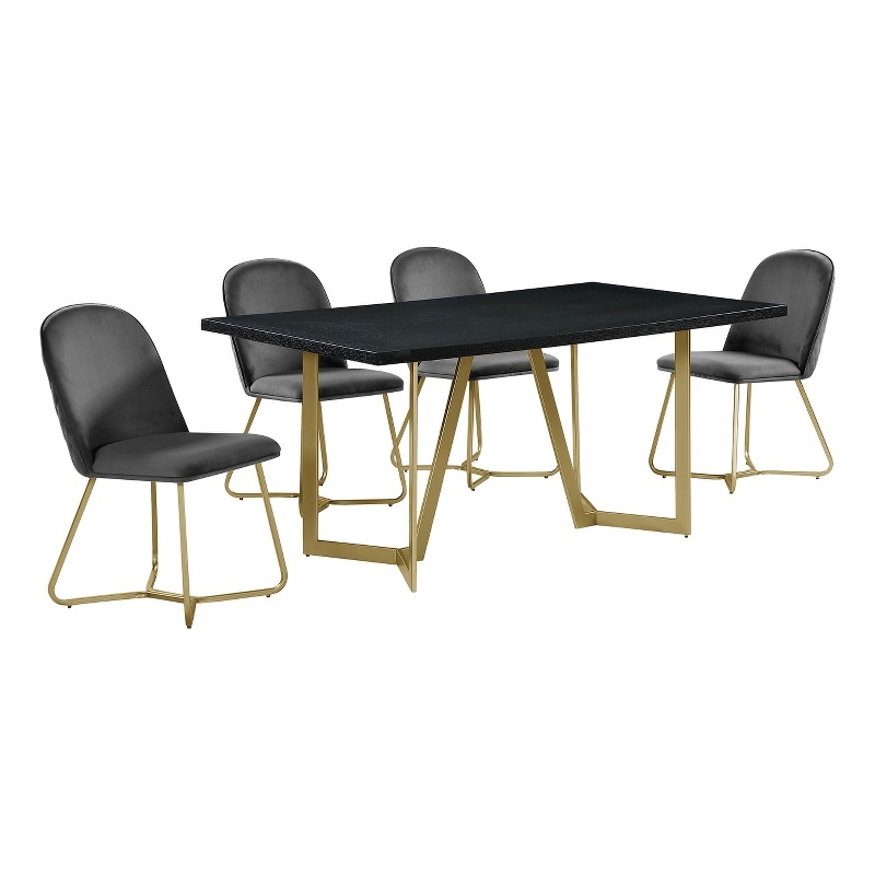 5pc Black Wood Top Dining Set with Gray Velvet Chairs and Gold Base