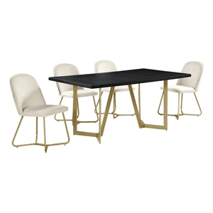 5pc Black Wood Top Dining Set with Cream Velvet Chairs and Gold Base