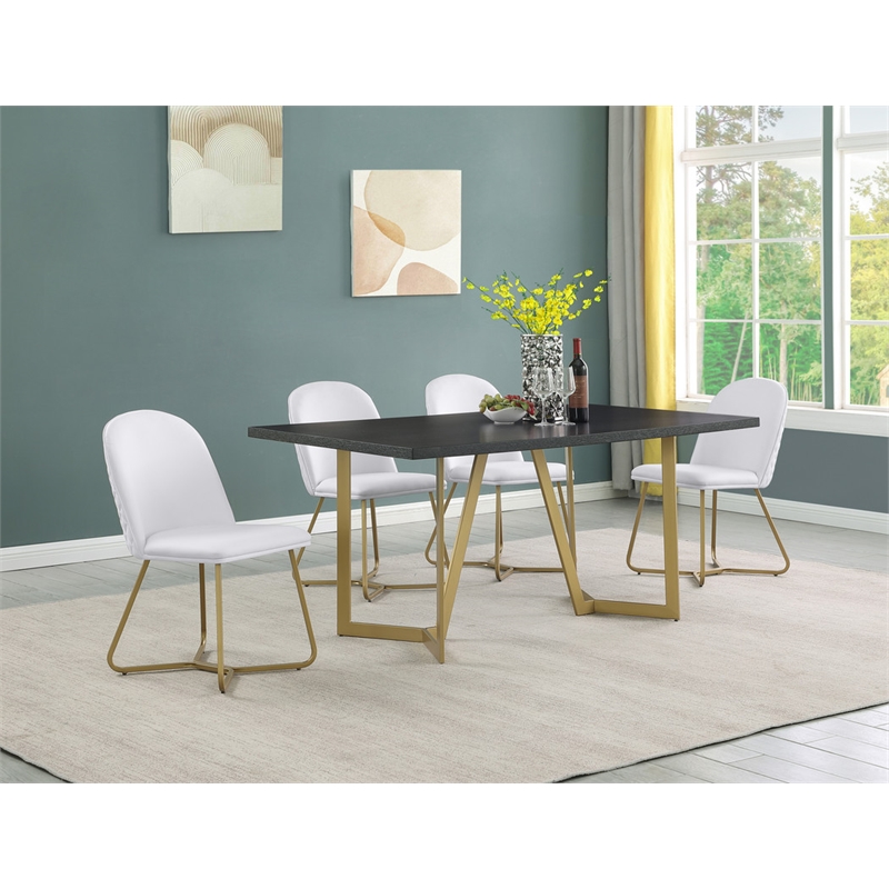 5pc Black Wood Top Dining Set with White Faux Leather Chairs and Gold Base