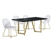 5pc Black Wood Top Dining Set with White Faux Leather Chairs and Gold Base