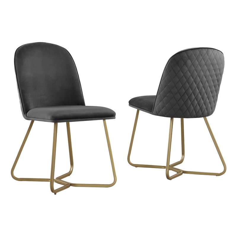 Quilted Back Side Chairs Set of 2 in Dark Gray Velvet and Gold Base