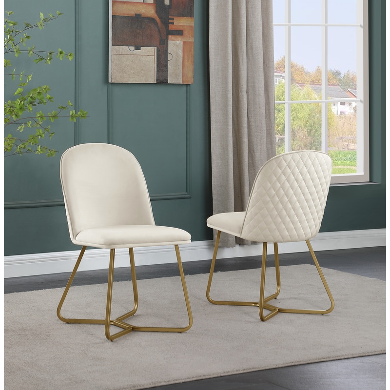 Quilted Back Side Chairs Set of 2 in Cream Velvet and Gold Base