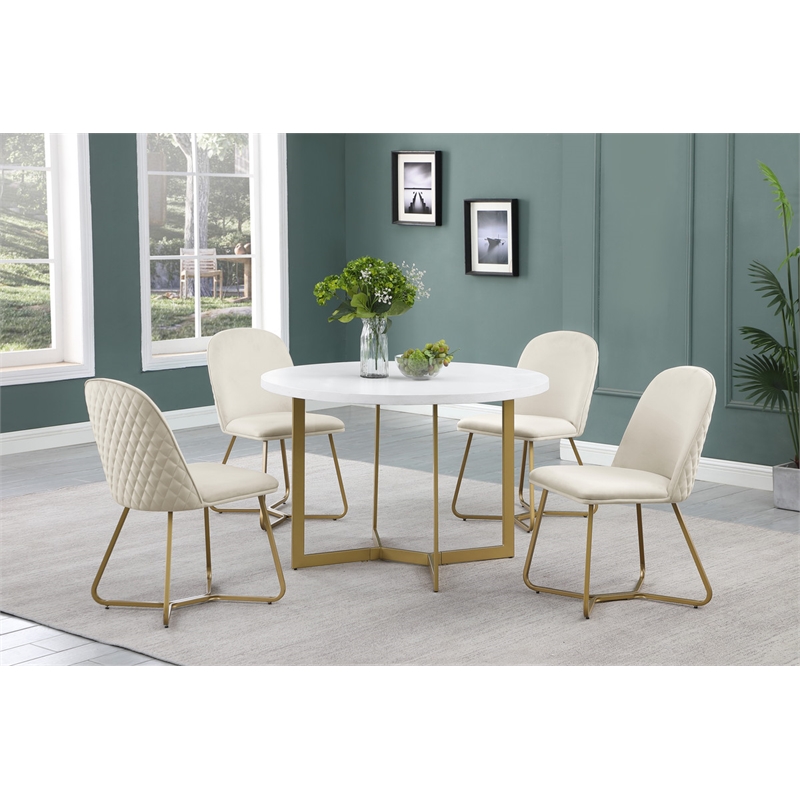 Quilted Back Side Chairs Set of 2 in Cream Velvet and Gold Base