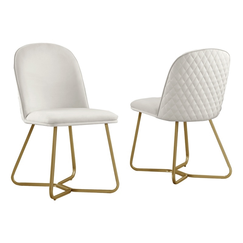 Quilted Back Side Chairs Set of 2 in Cream Velvet and Gold Base