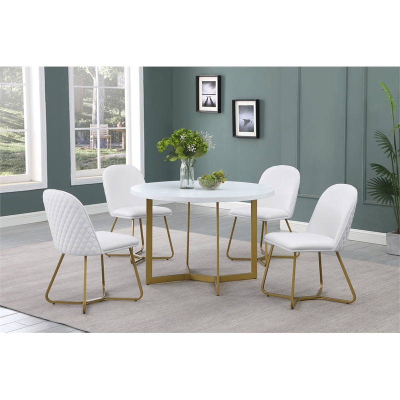 Quilted Back Side Chairs Set of 2 in White Faux Leather and Gold Base