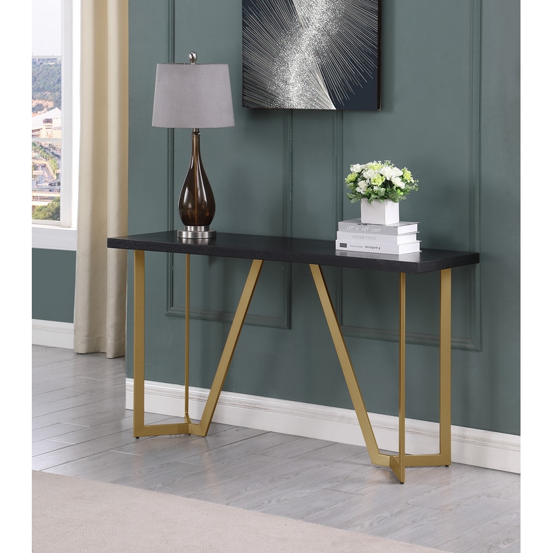 Contemporary Black Wood Console Table with Gold Painted Legs
