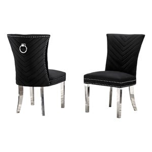 Set of 2 Black Velvet Upholstered Side Chairs with Stainless Steel Legs and Ring