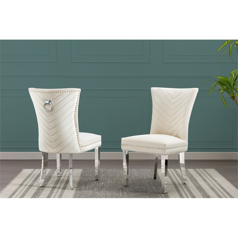 Set of 2 Cream Velvet Upholstered Side Chairs with Stainless Steel Legs and Ring
