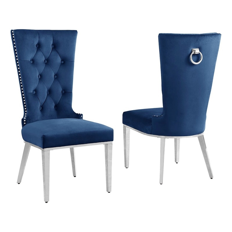 Navy Blue Velvet Upholstered Side Chairs with Stainless Steel Set of 2