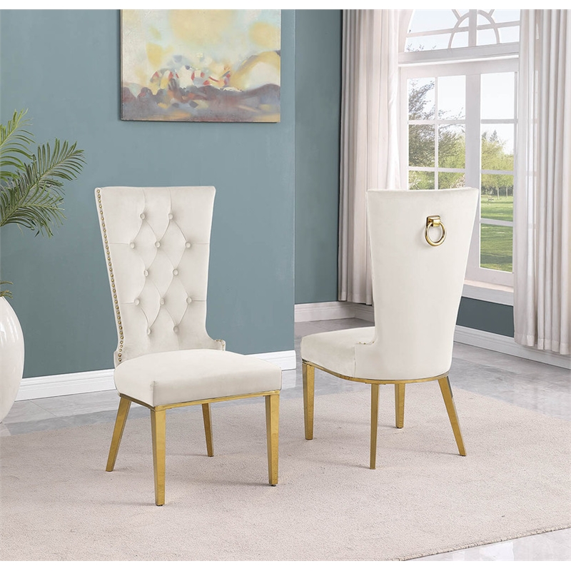 Cream Velvet Upholstered Side Chairs with Gold Stainless Steel Set of 2