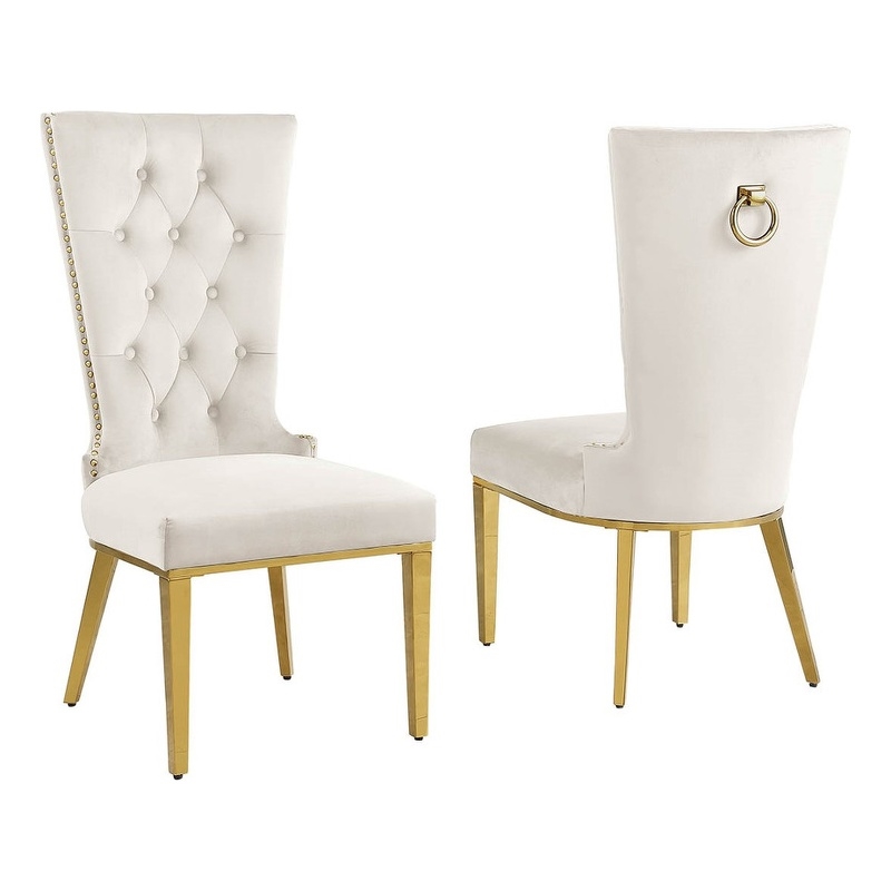 Cream Velvet Upholstered Side Chairs with Gold Stainless Steel Set of 2