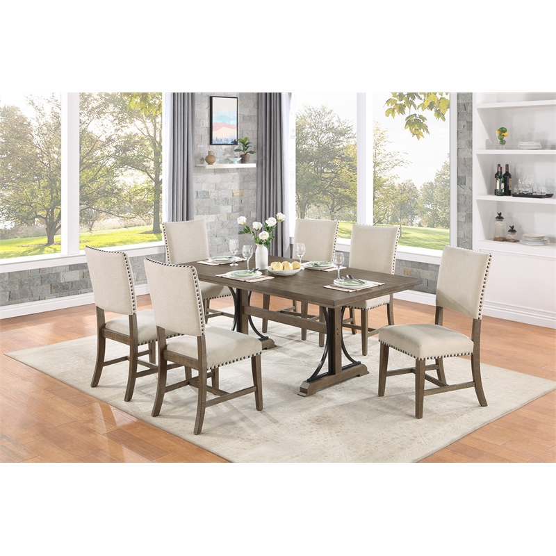 7pc Brown Oak Wood Dining Set with 6 Beige Linen Upholstered Chairs