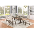 7pc Brown Oak Wood Dining Set with 6 Beige Linen Upholstered Chairs