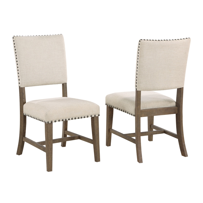 7pc Brown Oak Wood Dining Set with 6 Beige Linen Upholstered Chairs