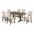 7pc Brown Oak Wood Dining Set with 6 Beige Linen Upholstered Chairs