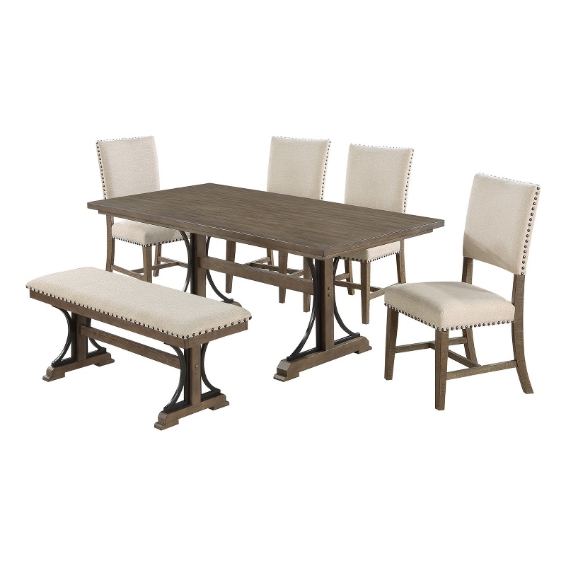 6pc Brown Oak Wood Dining Set with Beige Linen Upholstered Chairs and Bench