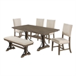 6pc Brown Oak Wood Dining Set with Beige Linen Upholstered Chairs and Bench