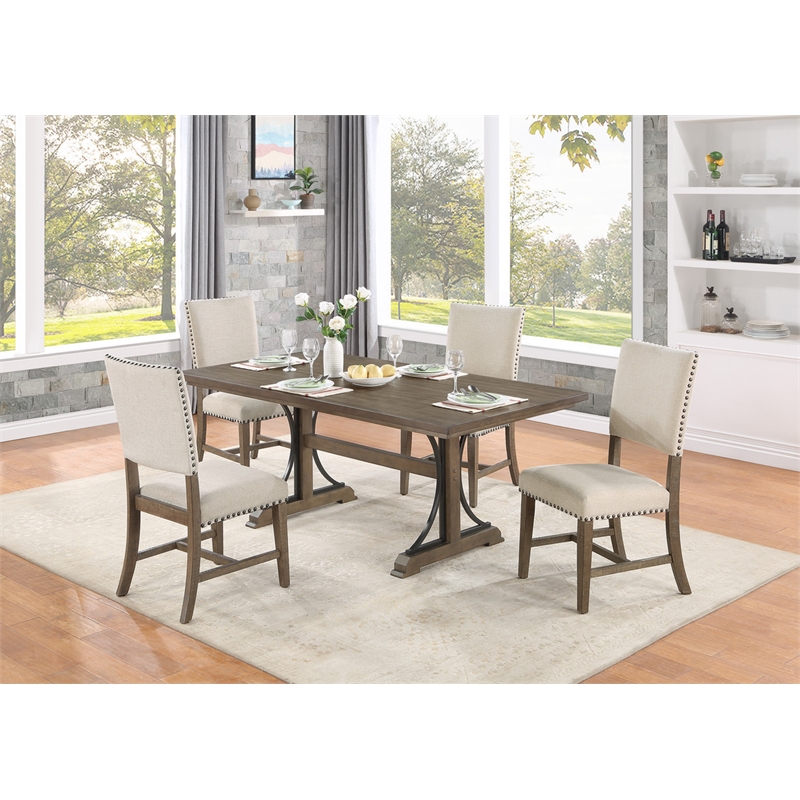 5pc Brown Oak Wood Dining Set with 4 Beige Linen Upholstered Chairs